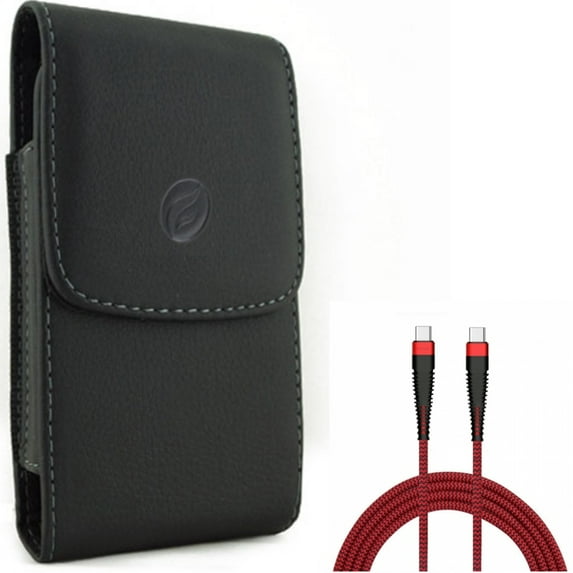 10ft PD Cable + Case Belt Clip for Motorola One 5G Ace Phone - Type-C to USB-C Charger Cord Power Wire and Leather Holster Cover Pouch Combo for Motorola One 5G Ace (2021)