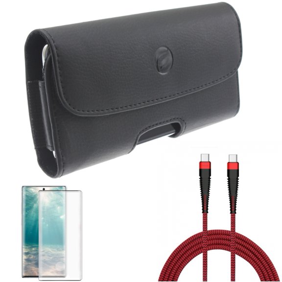 10ft PD Cable & Case Belt Clip & Screen Protector for Samsung Galaxy Note 20 (6.7") - Combo with Type-C to USB-C Charger Cord & Leather Holster & Tempered Glass (Fingerprint Unlock)
