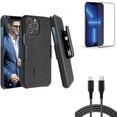 thumbnail image 1 of 10ft PD Cable & Case Belt Clip & Screen Protector for iPhone 13 Pro Max ONLY - USB-C Fast Charger Long + Holster Swivel Cover + Anti-Glare Tempered Glass Matte Combo, 1 of 16