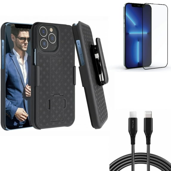 10ft PD Cable & Case Belt Clip & Screen Protector for iPhone 13 Pro Max ONLY - USB-C Fast Charger Long + Holster Swivel Cover + Anti-Glare Tempered Glass Matte Combo