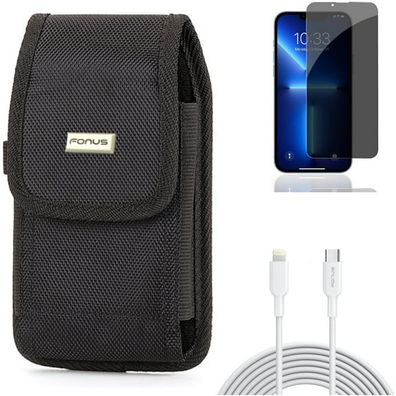 10ft PD Cable & Privacy Screen Protector & Case Belt Clip for iPhone 13/Pro ONLY - USB-C Fast Charger Long + Tempered Glass Curved Anti-Spy + Rugged Holster Canvas Combo