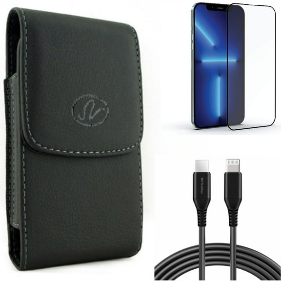 10ft PD Cable & Screen Protector & Case Belt Clip for iPhone 13 Pro Max ONLY - USB-C Fast Charger Long + Anti-Glare Tempered Glass Matte + Leather Holster Cover Combo