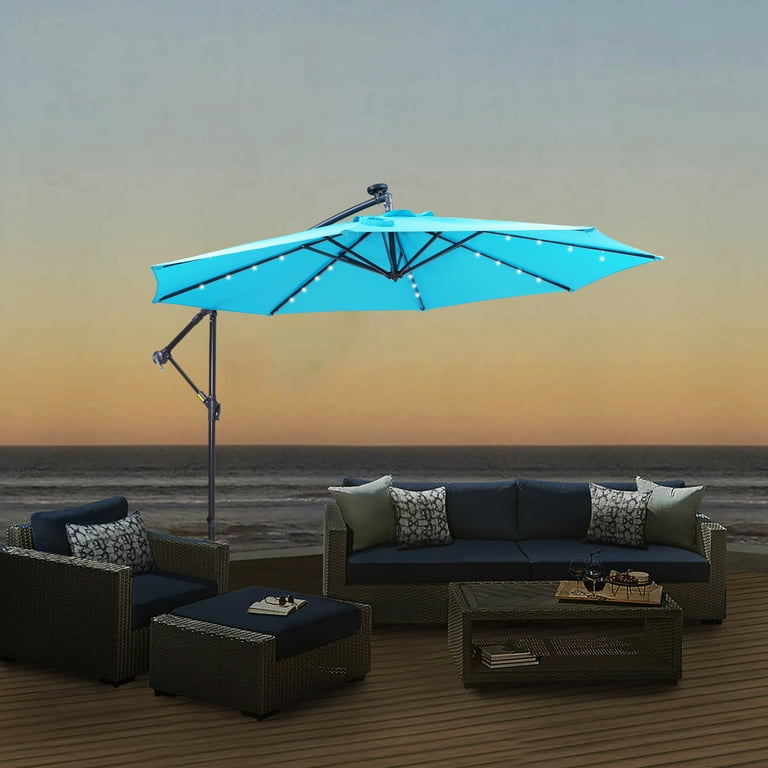 10ft Patio Offset Hanging Market Umbrella SYNGAR Outdoor Cantilever Umbrella w 8 Ribs 32 LED Lights Solar Panel Crank Tilt Control UV