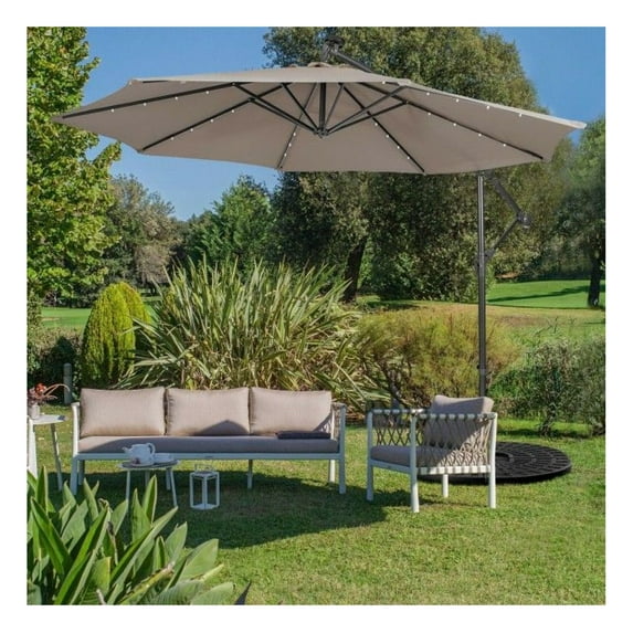 10ft Patio Solar Umbrella Cantilever, Tilting Outdoor Offset Umbrella with LED Lights, Steel Frame, Polyester Canopy for Garden, Deck, Wine/Beige/Coffee/Navy