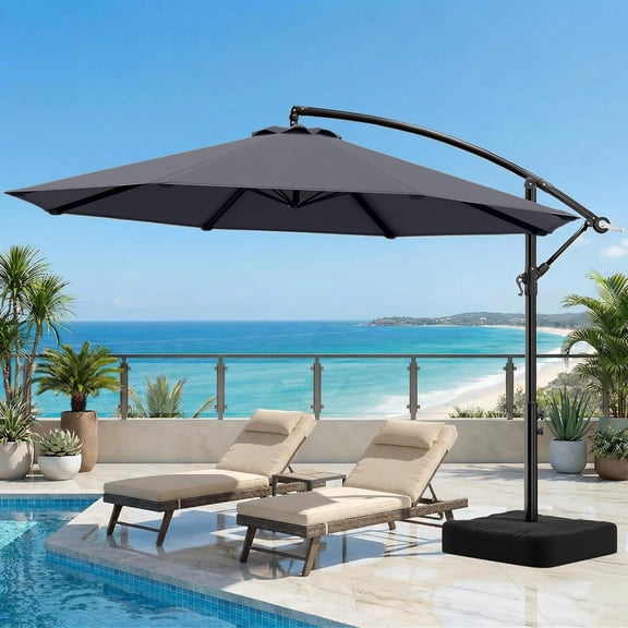 10ft Patio Umbrella with Base Included, Outdoor Offset Cantilever Umbrella Fade-Resistant Yarn-Dyed Canopy with PU Coating, Sturdy 8 Rids, Easy Tilt Adjustment, for Pool Deck Porch Backyard Garden,Ch