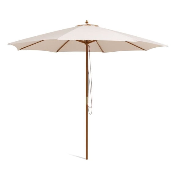 10ft Patio Umbrella Wooden Ribs Adjustable Height Beige Outdoor Market Umbrella