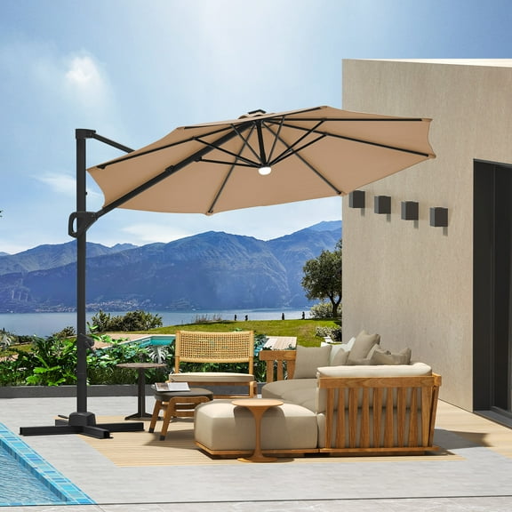 10ft Patio Umbrella with Base, Polyester Fabric Aluminum Umbrella for Outdoors with 360-degree Rotation for Pool Backyard Garden, Tan