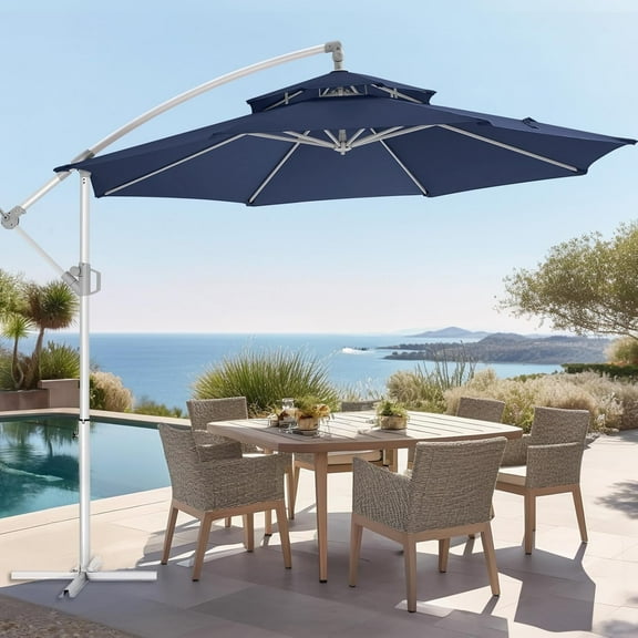 10ft Heavy Duty Cantilever Umbrellas Offset Outdoor Hanging Patio Umbrella w/Infinite Tilt, Fade Resistant Waterproof Recycled Fabric Canopy for Yard, Garden & Deck, Navy