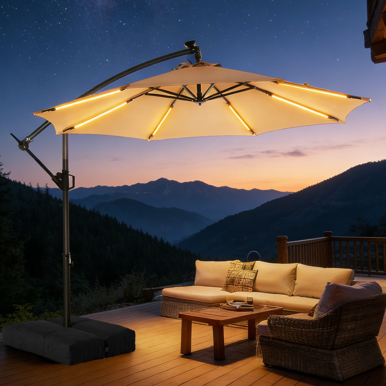 Patbrela 10ft Offset Patio Umbrella with Base, Cantilever Hanging Outdoor Umbrella with Solar Light Strips, Tilt Adjustment, Market Umbrella for Yard, Garden, Beach, Pool & Deck, Beige