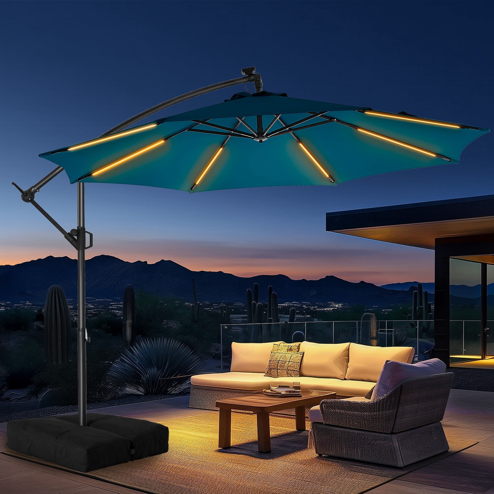 HOMSHADE 10ft Offset Patio Umbrella with Solar Light and Base, UV Blockout, Easy Tilt, Crank, Blue - Walmart.com HOMSHADE 10ft Offset Patio Umbrella with Solar Light and Base, UV Blockout, Easy Tilt, Crank, Blue - Walmart.com
