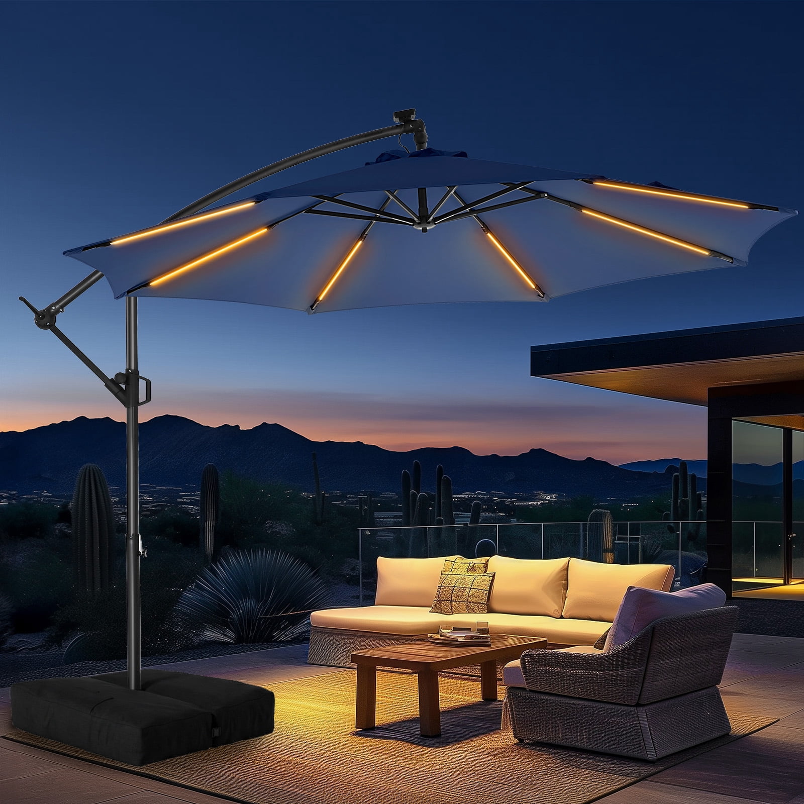 HOMSHADE 10ft Patio Umbrella, Offset Gray Canopy with Solar Lights and  Base, Easy Tilt and Crank - Walmart.com