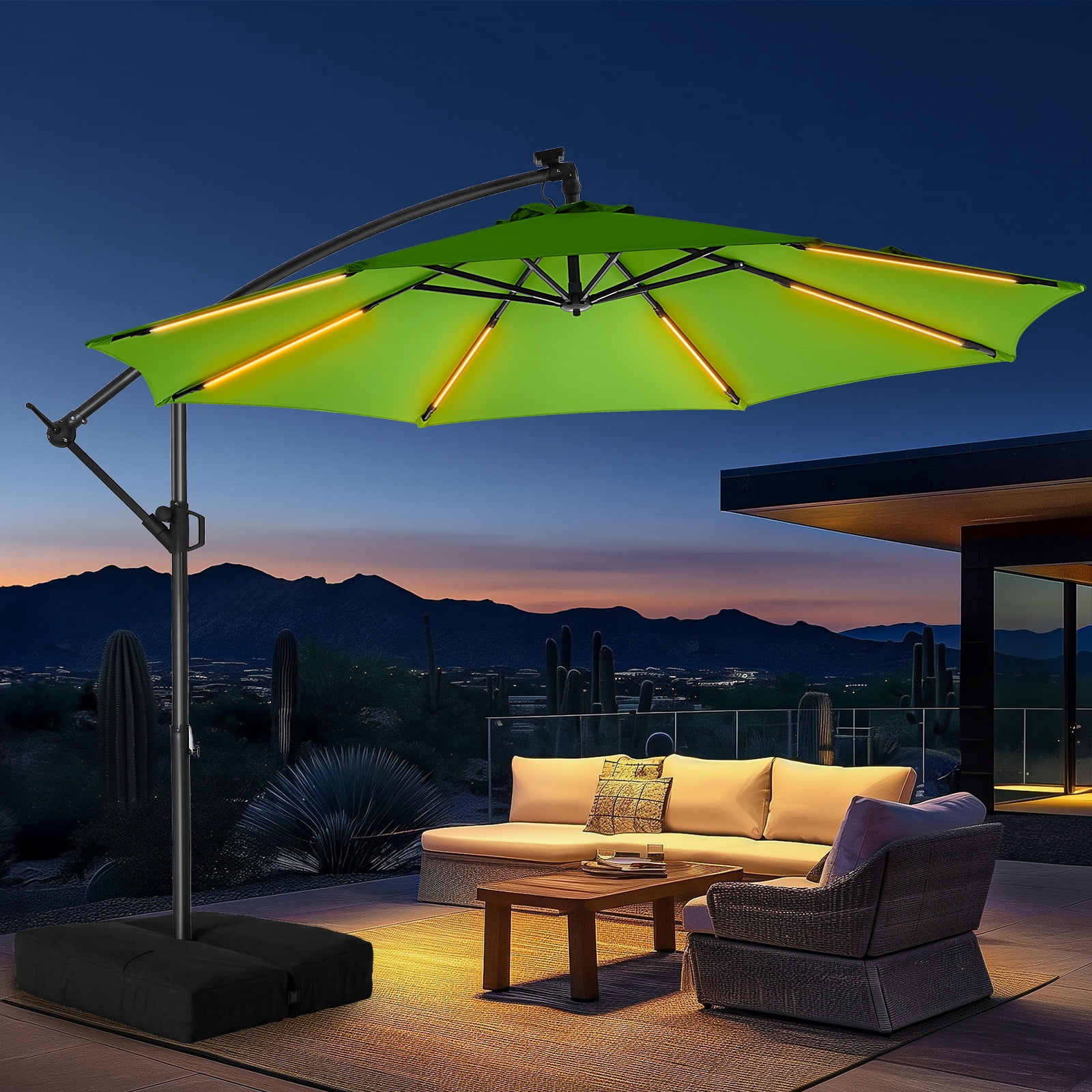 fade resistance patio umbrella Patbrela 10ft Offset Patio Umbrella with Base, Cantilever Hanging Outdoor  Umbrella with Solar Light Strips, Tilt Adjustment, Market Umbrella for  Yard,