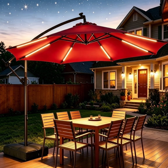 Patbrela 10ft Offset Patio Umbrella with Base, Cantilever Hanging Outdoor Umbrella with Solar Light Strips, Tilt Adjustment, Market Umbrella for Yard, Garden, Beach, Pool & Deck, Red