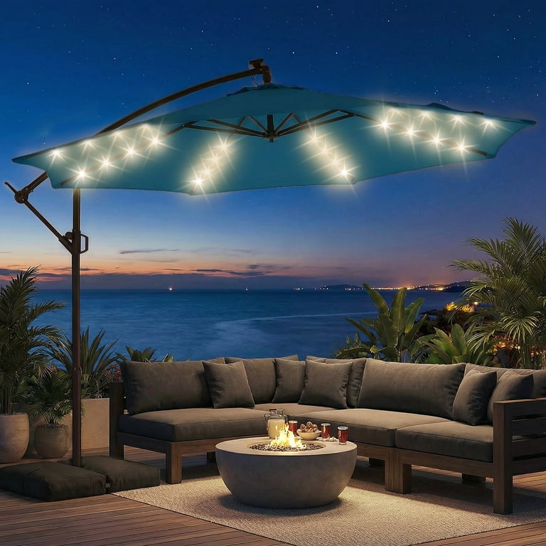HOMSHADE 10ft Patio Umbrella, Offset Cantilever Design, Waterproof Fabric and Base, Solar Lights, Blue - Walmart.com HOMSHADE 10ft Patio Umbrella, Offset Cantilever Design, Waterproof Fabric and Base, Solar Lights, Blue - Walmart.com