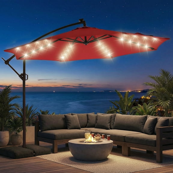 Patbrela 10ft Offset Patio Umbrellas (Includes Base) Outdoor Cantilever Hanging Umbrella with Infinite Tilt, for Yard, Garden, Beach, Pool & Deck, Red