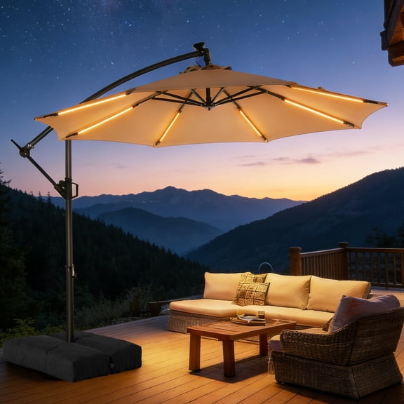 Patbrela 10ft Offset Patio Umbrella with Base, Cantilever Hanging Outdoor Umbrella with Solar Light Strips, Tilt Adjustment, Market Umbrella for Yard, Garden, Beach, Pool & Deck, Beige