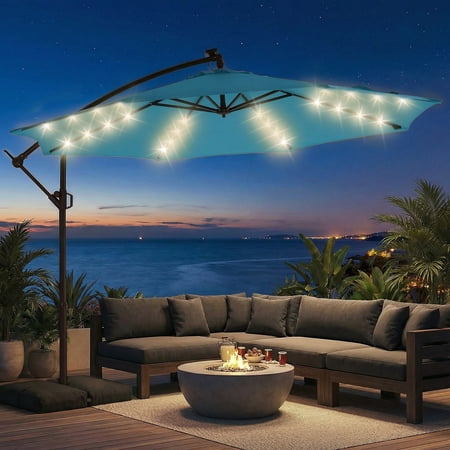 Patbrela 10ft Offset Patio Umbrellas (Includes Base) Outdoor Cantilever Hanging Umbrella with Infinite Tilt, for Yard, Garden, Beach, Pool & Deck, Light Blue