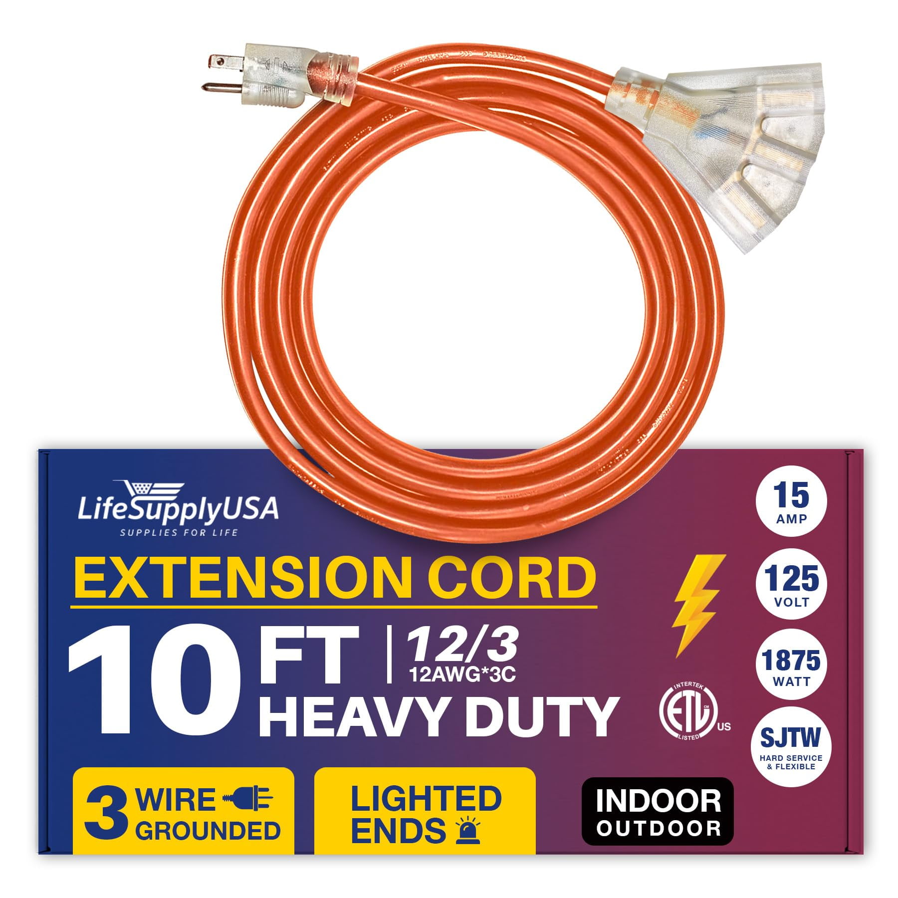 10ft Power Outdoor Extension Cord & Indoor Waterproof Electric Drop