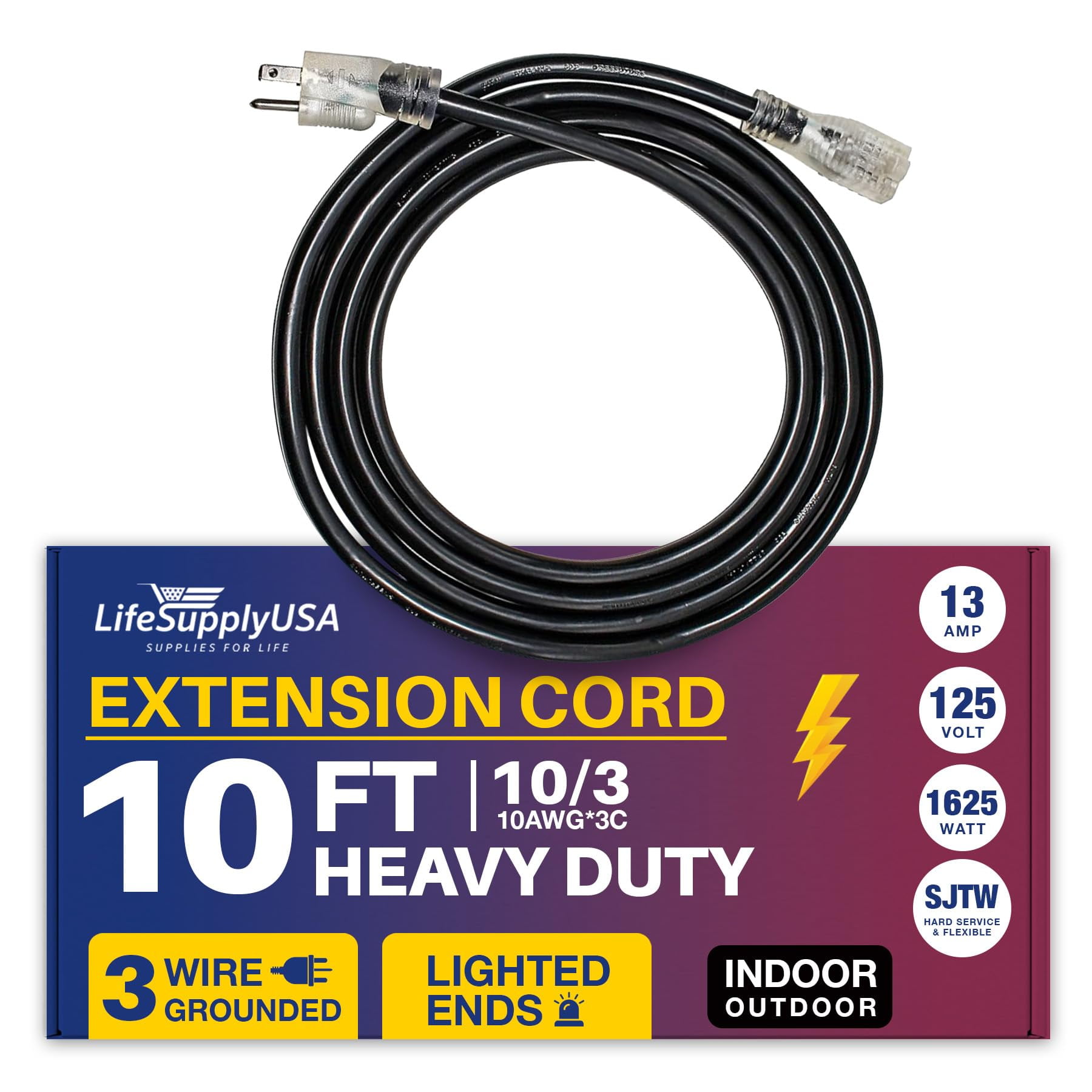 10ft Power Outdoor Extension Cord & Indoor - Waterproof Electric Drop Cord Cable - 3 Prong SJTW, 10 Gauge, 15 AMP, 125 Volts, 1875 Watts, 10/3 by LifeSupplyUSA - Black (1 Pack)