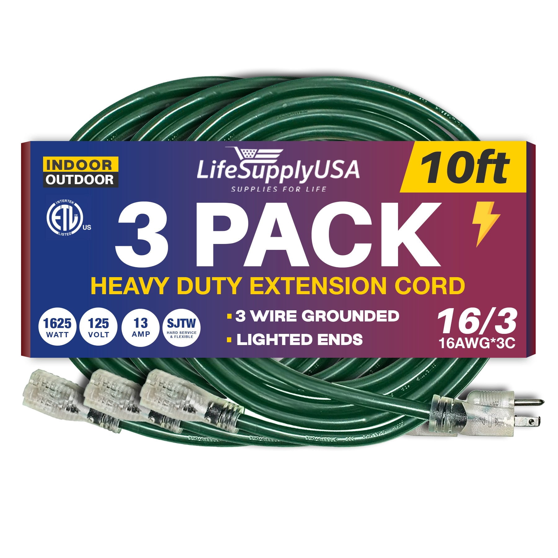 10ft Power Outdoor Extension Cord & Indoor - Waterproof Electric Drop Cord Cable - 3 Prong SJTW, 16 Gauge, 13 AMP, 125 Volts, 1625 Watts, 16/3 ETL Listed by LifeSupplyUSA - Green (3 Pack)