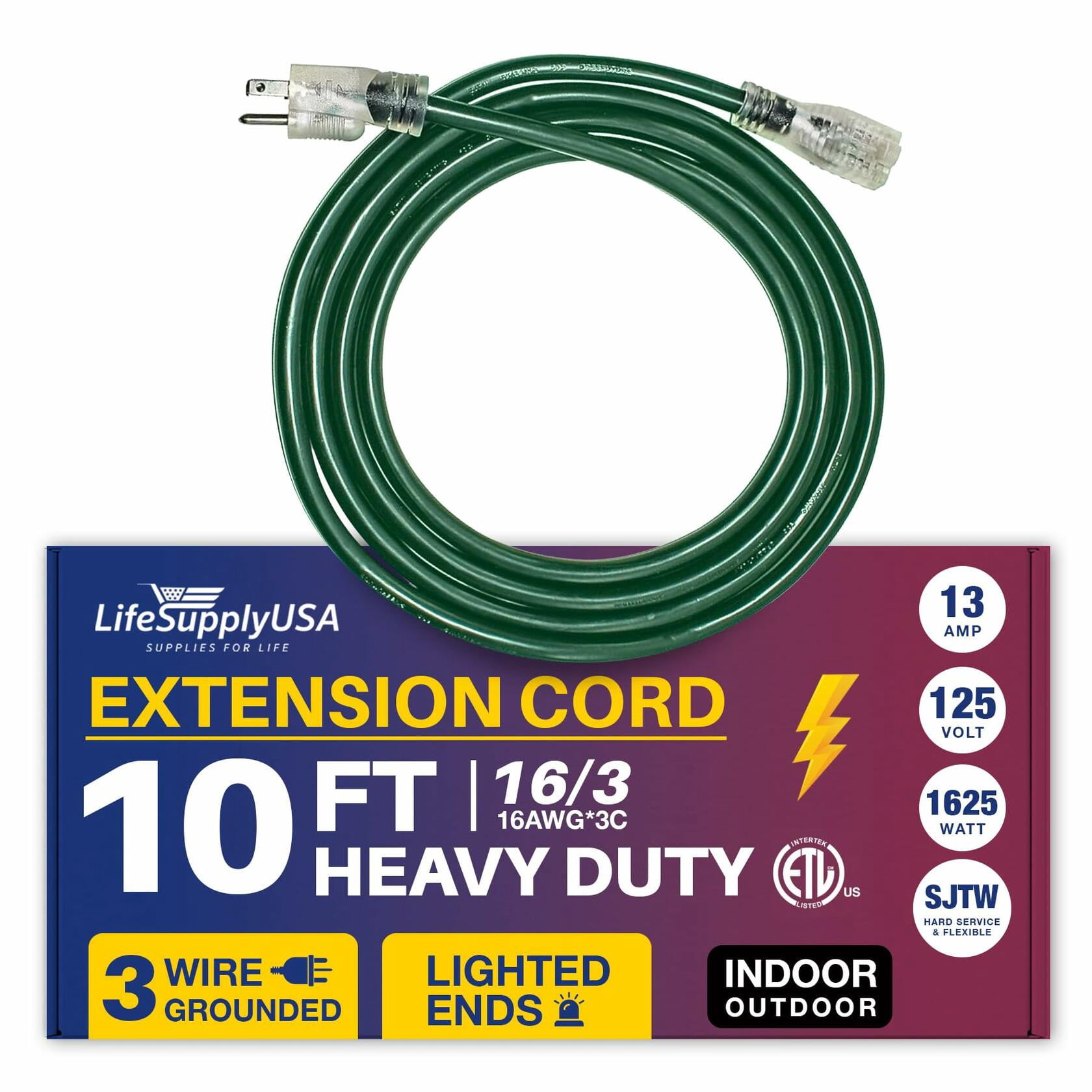 10ft Power Outdoor Extension Cord & Indoor - Waterproof Electric Drop Cord Cable - 3 Prong SJTW, 16 Gauge, 13 AMP, 125 Volts, 1625 Watts, 16/3 ETL Listed by LifeSupplyUSA - Green (1 Pack)