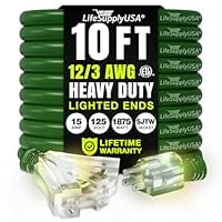 10ft Outdoor/Indoor Extension Cord 3-Outlet 12/3 Gauge Extra Heavy Duty ETL Listed, 3 Prong SJTW, Waterproof, Flexible Cold-Resistant Long Power Cord,15A 125V 1875W, Green by LifeSupplyUSA