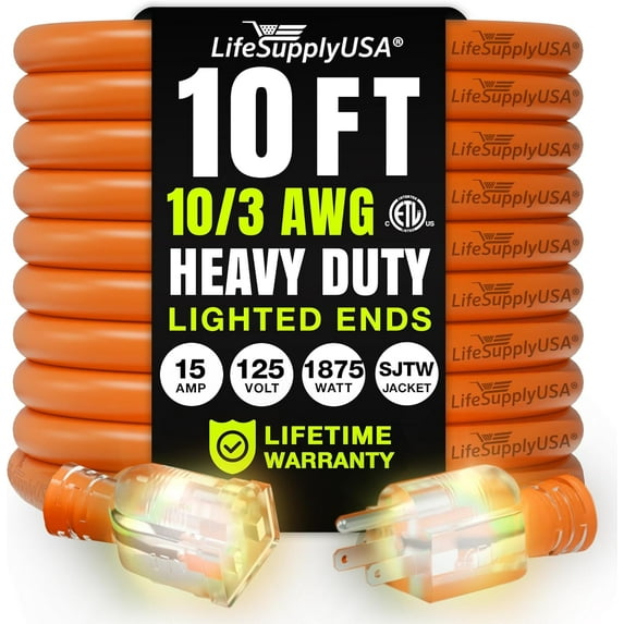 10ft Outdoor/Indoor Extension Cord 10/3 Gauge Ultra Heavy Duty 3 Prong SJTW, Waterproof, ETL Listed, Flexible Cold-Resistant Long Power Cord,125 Amp 1875W, Orange by LifeSupplyUSA