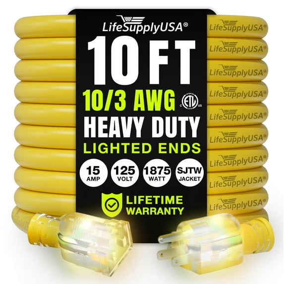 10ft Outdoor/Indoor Extension Cord 10/3 Gauge Ultra Heavy Duty 3 Prong SJTW, Waterproof, ETL Listed, Flexible Cold-Resistant Long Power Cord,125 Amp 1875W, Yellow by LifeSupplyUSA