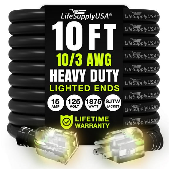 10ft Outdoor/Indoor Extension Cord 10/3 Gauge Ultra Heavy Duty 3 Prong SJTW, Waterproof, Flexible Cold-Resistant Long Power Cord,125 Amp 1875W, Black by LifeSupplyUSA