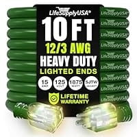 10ft Outdoor/Indoor Extension Cord 12/3 Gauge Extra Heavy Duty 3 Prong SJTW, Waterproof, Flexible Cold-Resistant Long Power Cord,125 Amp 1875W, Green by LifeSupplyUSA