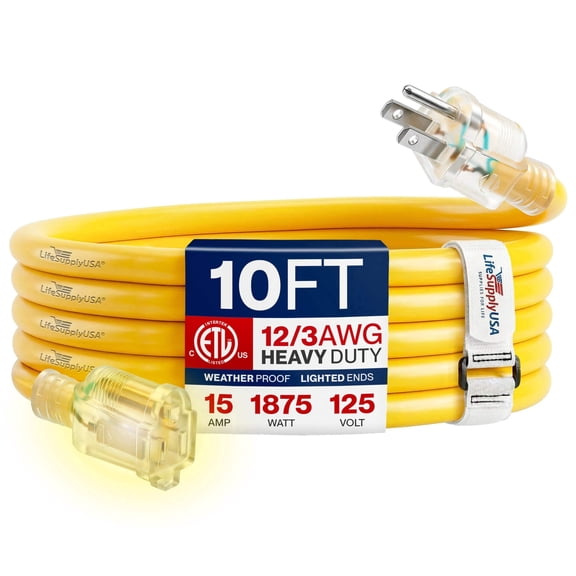 10ft Outdoor/Indoor Extension Cord 12/3 Gauge Extra Heavy Duty 3 Prong SJTW, Waterproof, ETL Listed, Flexible Cold-Resistant Long Power Cord,125 Amp 1875W, Yellow by LifeSupplyUSA