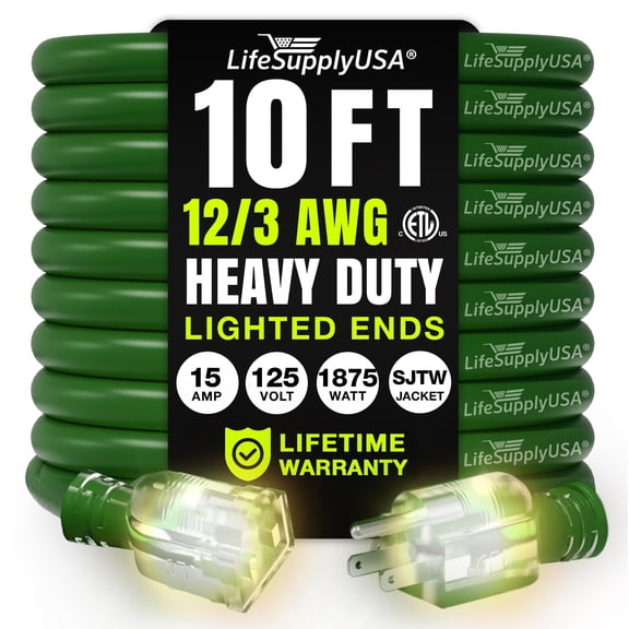 10ft Outdoor/Indoor Extension Cord 12/3 Gauge Extra Heavy Duty 3 Prong SJTW, Waterproof, ETL Listed, Flexible Cold-Resistant Long Power Cord,125 Amp 1875W, Green by LifeSupplyUSA