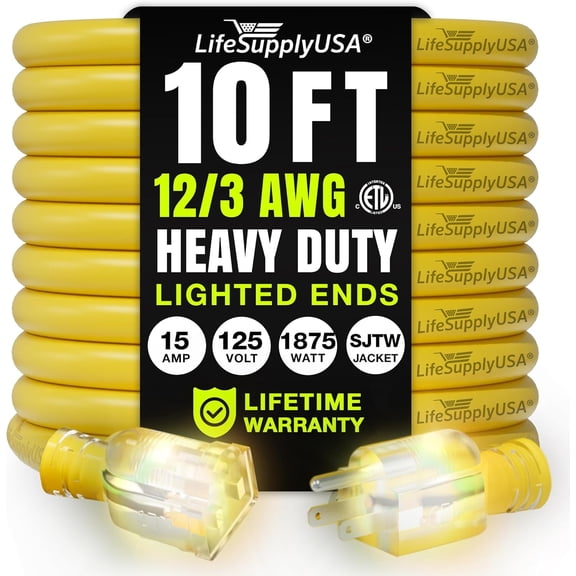 10ft Outdoor/Indoor Extension Cord 12/3 Gauge Extra Heavy Duty 3 Prong SJTW, Waterproof, ETL Listed, Flexible Cold-Resistant Long Power Cord,125 Amp 1875W, Yellow by LifeSupplyUSA
