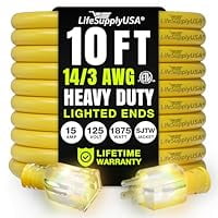 10ft Outdoor/Indoor Extension Cord 14/3 Gauge Heavy Duty 3 Prong SJTW, Waterproof, ETL Listed, Flexible Cold-Resistant Long Power Cord,125 Amp 1875W, Yellow by LifeSupplyUSA