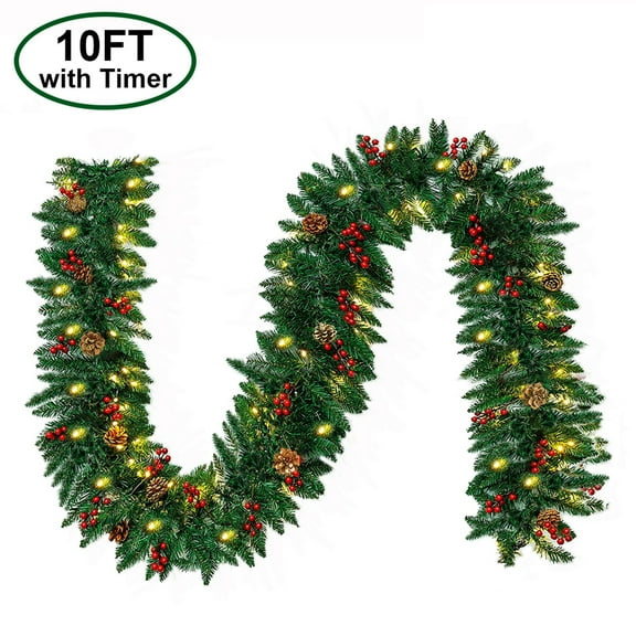 10ft Pre-Lit Holiday Pre-Decorated Christmas Garland for Stairs, Fireplace, Decoration w/PVC Tips, 50 LEDs Lights, Pine Cones, Berries