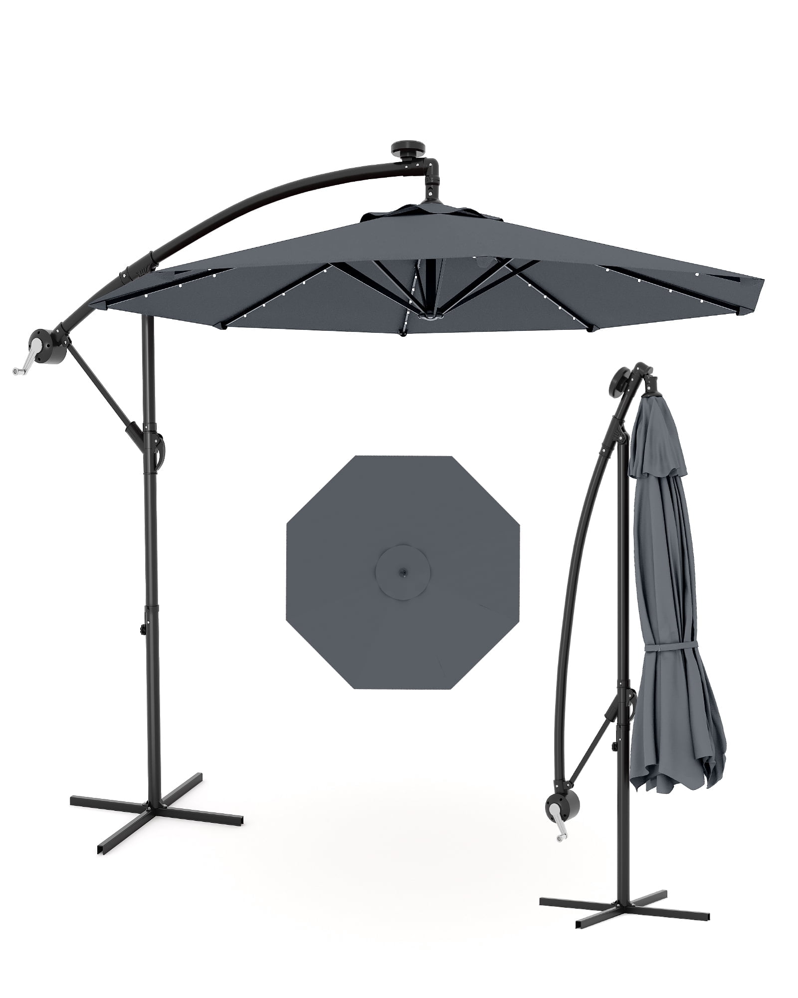 10ft Solar LED Offset Hanging Market Patio Umbrella for Backyard, Poolside, Lawn and Garden w/Easy Tilt Adjustment, UV Protection, Sturdy 8 Ribs - with 32 LED Lights