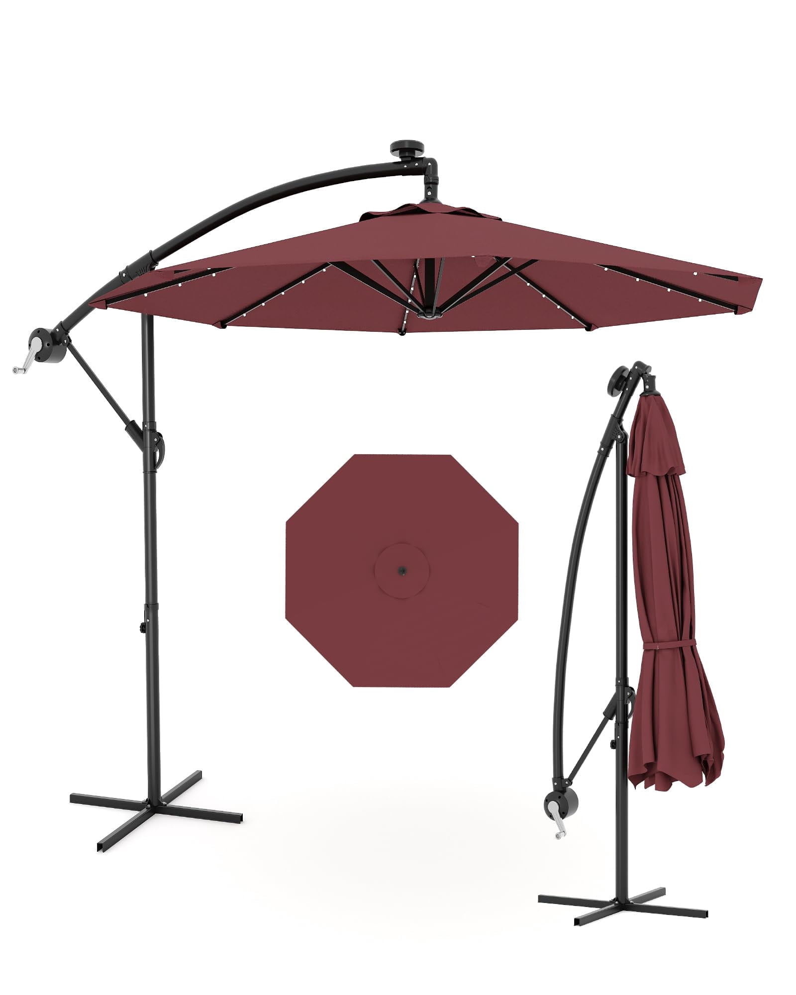 10ft Solar LED Offset Hanging Market Patio Umbrella for Backyard, Poolside, Lawn and Garden w/Easy Tilt Adjustment, UV Protection, Sturdy 8 Ribs - with 32 LED Lights