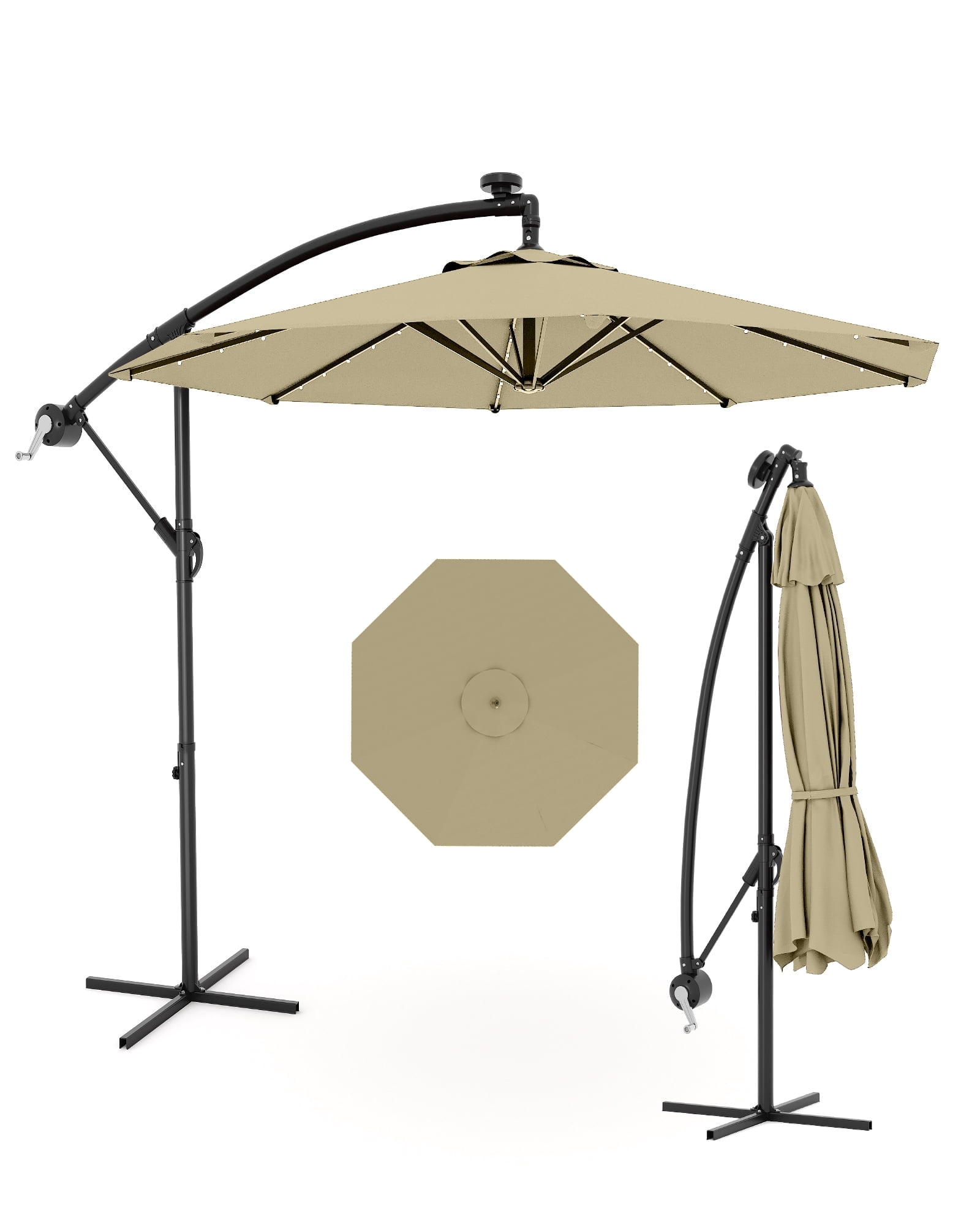 10ft Solar LED Offset Hanging Market Patio Umbrella for Backyard, Poolside, Lawn and Garden w/Easy Tilt Adjustment, UV Protection, Sturdy 8 Ribs - with 32 LED Lights