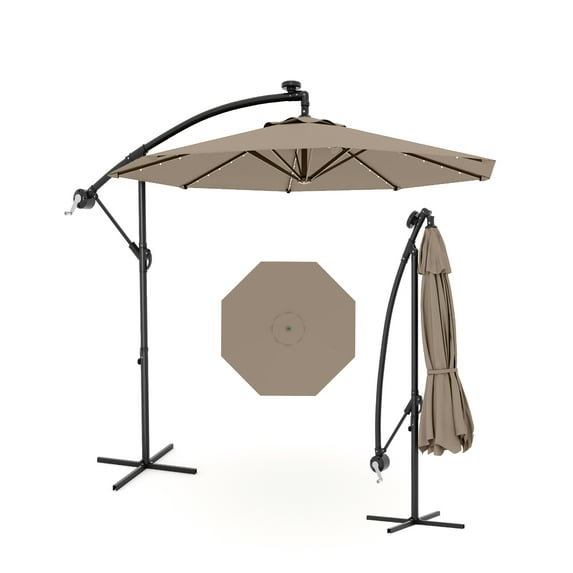 10ft Solar LED Offset Hanging Market Patio Umbrella for Backyard, Poolside, Lawn and Garden w/Easy Tilt Adjustment, UV Protection, Sturdy 8 Ribs - with 32 LED Lights