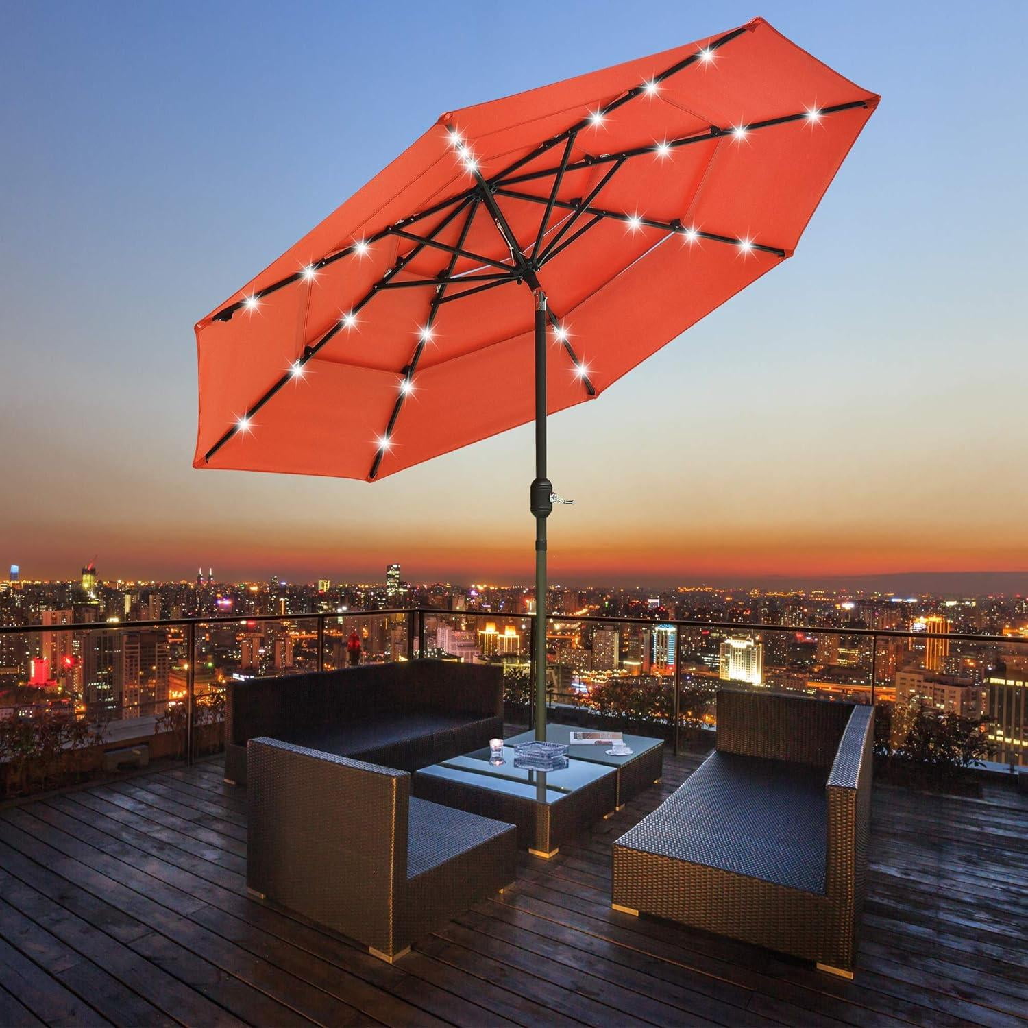 10ft Solar LED Outdoor Market Tilt Patio Umbrella, Cherry Tomato