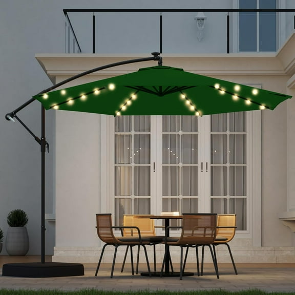 10ft Solar Lighted Patio Umbrella with Base Included, Outdoor Offset Cantilever Umbrella, Infinite Tilt, UV Protection for Backyard, Lawn, Garden & Pool, Green