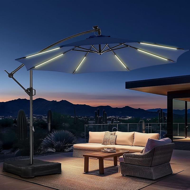 10ft Solar Lights Offset Cantilever Patio Umbrella - with Light and Base, LED Lighted Offset ...