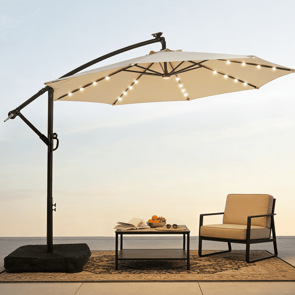 10ft Solar Lights Offset Cantilever Patio Umbrella - W/Light And Base, LED Lighted Offset Hanging Patio Outdoor Market Umbrella UPF50+ UV Protection With Easy Tilt And Crank
