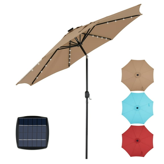 Alvantor 10ft Solar Patio Umbrella with 32 LED Lights, Tilt & Crank, UV Resistant, Khaki