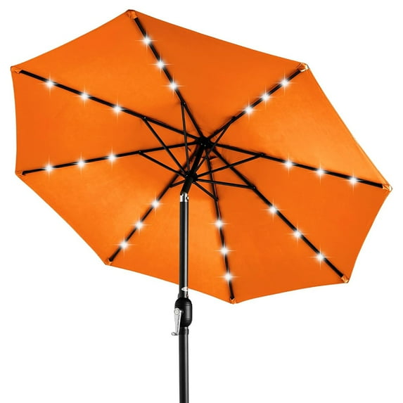 10ft Solar Powered Aluminum Polyester LED Lighted Patio Umbrella w/Tilt Adjustment with 8 Ribs and Sturdy Frame - Orange