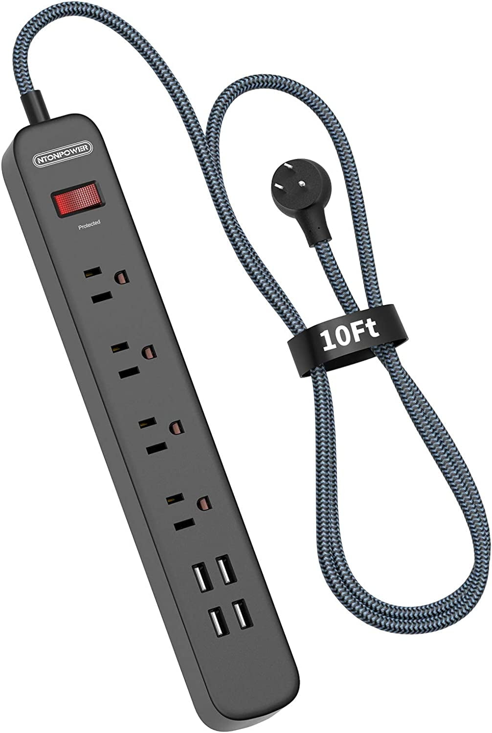 10ft Surge Protector Power Strip with USB, Flat Plug Power Strip with