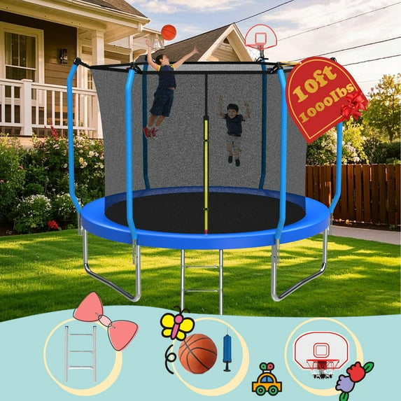 10ft Trampoline for Kids & Adults, UIOWIO 1000lbs Outdoor Trampolines with Basketball Hoop Enclosure Net, Heavy Duty Trampoline with Ladder for Lawn Garden Yard, Bule