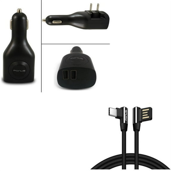 10ft Type-C Angle USB Cable w 2-Port USB Car Home Charger X7N for LG V40 ThinQ, V35 ThinQ, Q7 Plus, G Pad X II 10.1, V50 ThinQ 5G, Stylo 4 Plus, Google Nexus 5X, G8 ThinQ, G7 ThinQ, 5