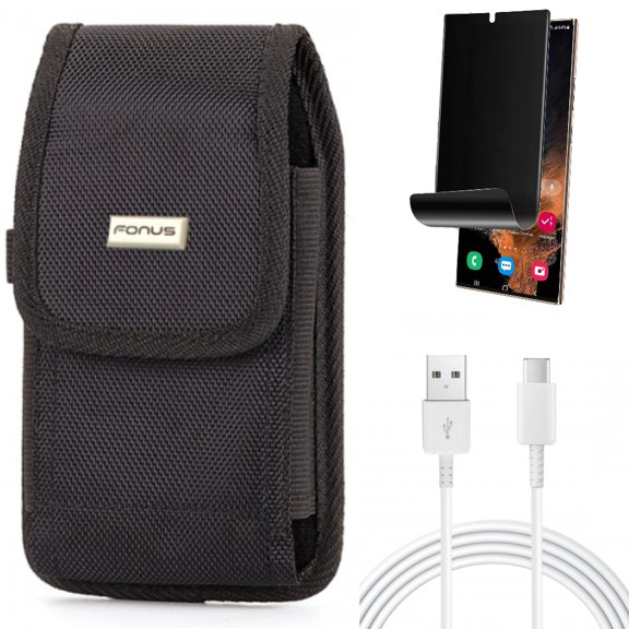10ft USB-C Cable & Case Belt Clip & Privacy Screen Protector for Samsung Galaxy S22 Ultra (6.8") - Combo Type-C Charger Cord Power & Swivel Holster Rugged & TPU Film (Fingerprint) Anti-Peep