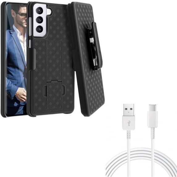 10ft USB-C Cable w Case Belt Clip for Samsung Galaxy S21 Plus - Type-C Charger Cord Power, Holster Swivel Cover Combo